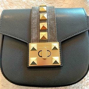 Mario Valentino Claudine Grey Textured Leather Flap Crossbody w/ Studs